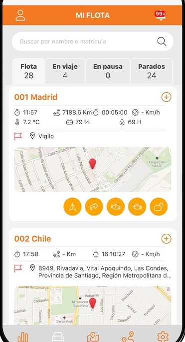 Vigilo app: My fleet list showing vehicles on the road, paused and stopped