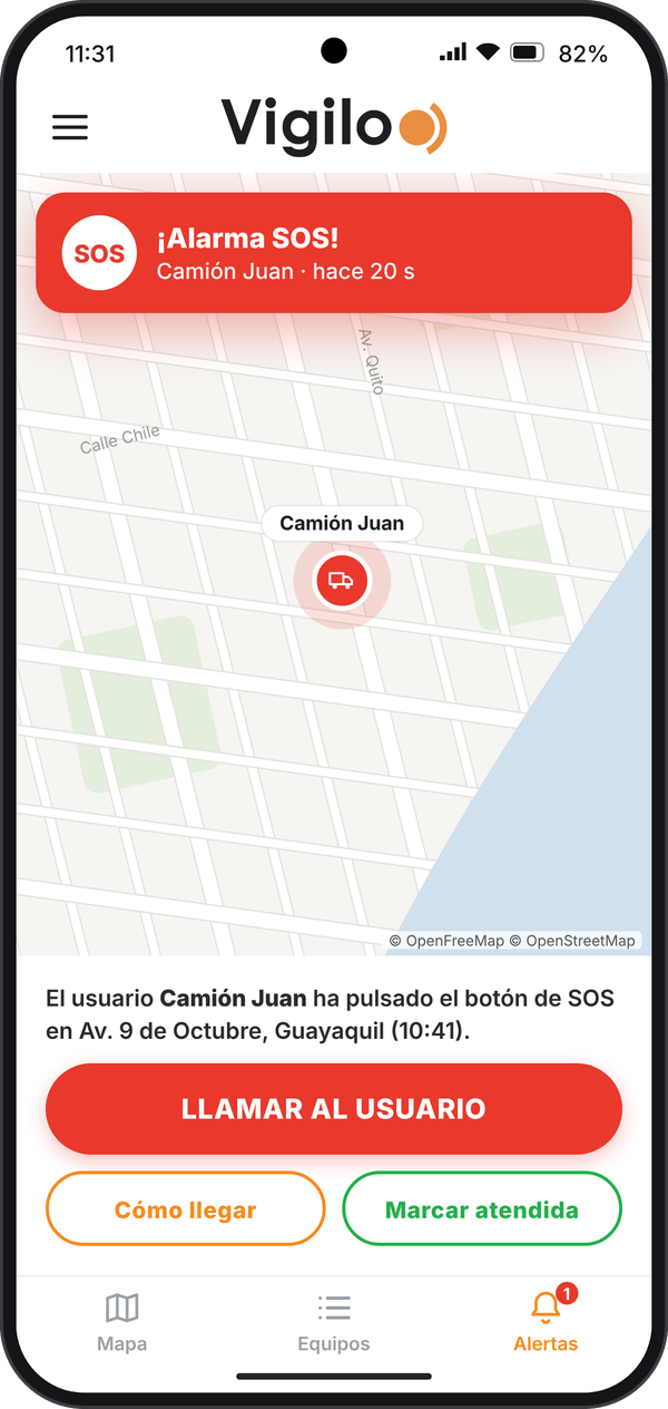 Alerta SOS recibida con botones para llamar y ver cómo llegar