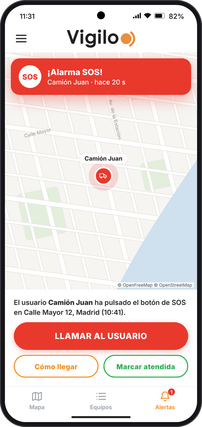 Alerta SOS com os botões Ligar para o usuário e Como chegar