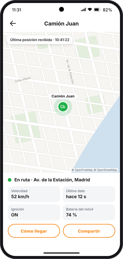 Detalhe de um dispositivo: velocidade, ignição e bateria