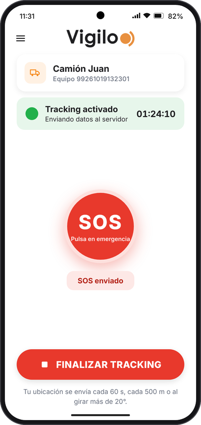 Botão SOS com o aviso SOS enviado