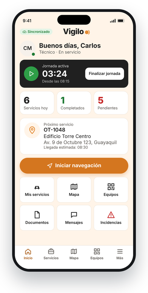 VIGILO Service home screen with the active shift and the next job