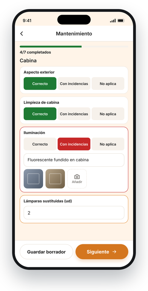 Maintenance checklist with an issue and photos