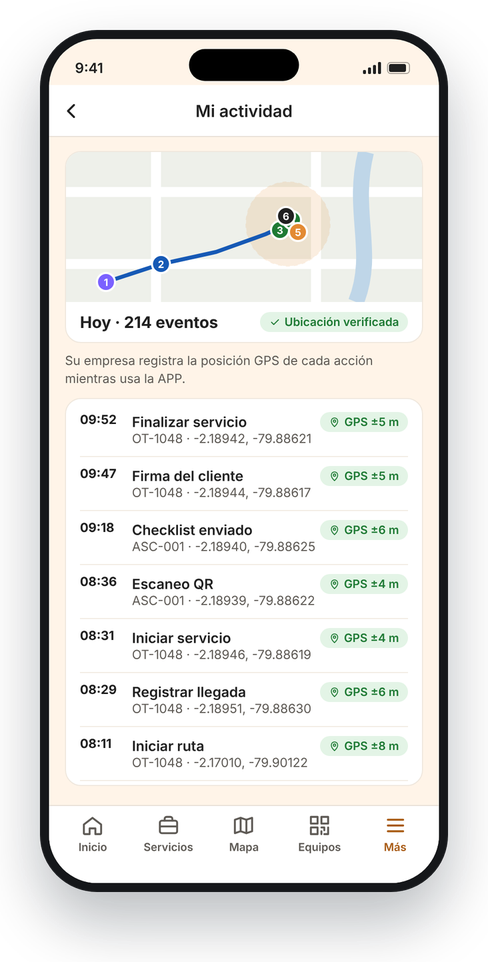 Technician activity log with the GPS position of each action