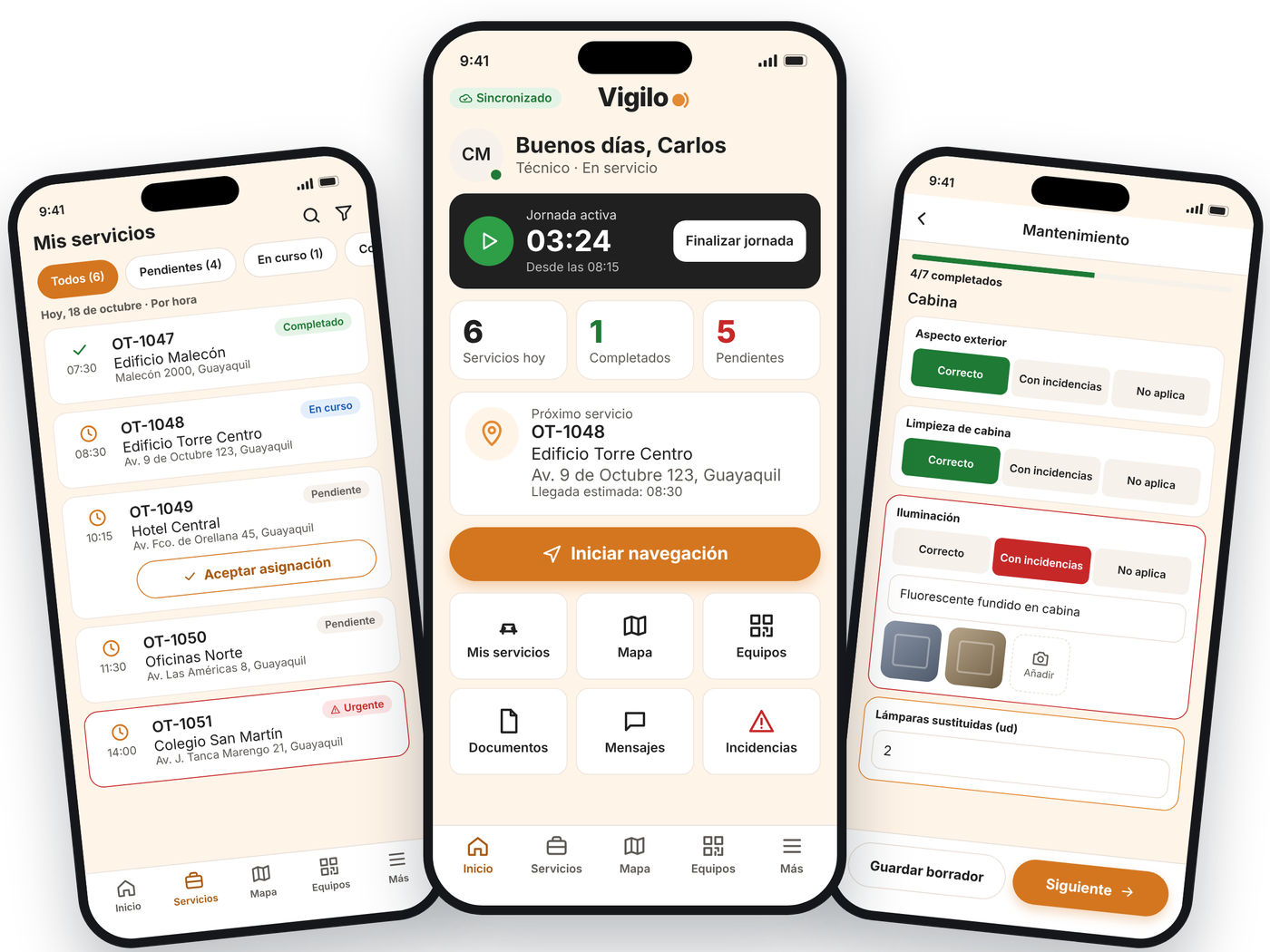 VIGILO Service app: today’s jobs, start of shift and checklist
