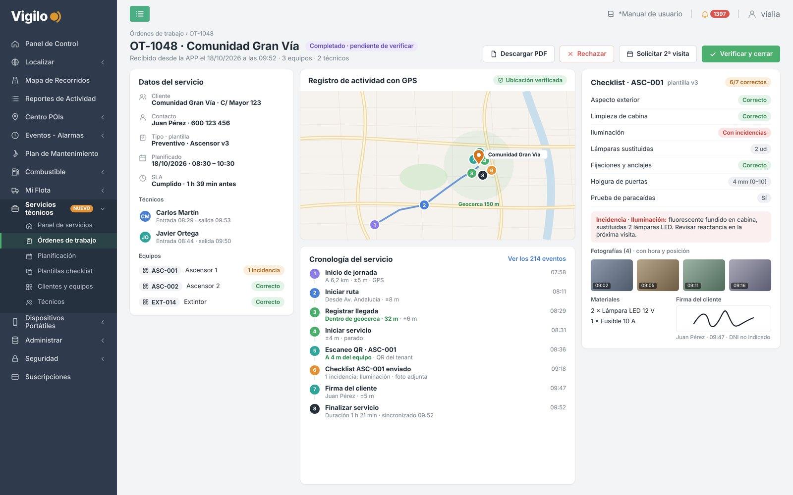 Job verification on the Vigilo platform with the GPS route