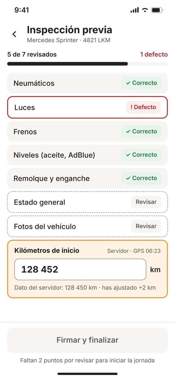 Pre-trip vehicle inspection in the app